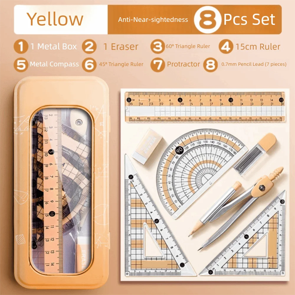 

8PCS Multifunctional Compass and Ruler Sets Protractor Straight Ruler Student Ruler Set Triangle Ruler Stationery Ruler Set
