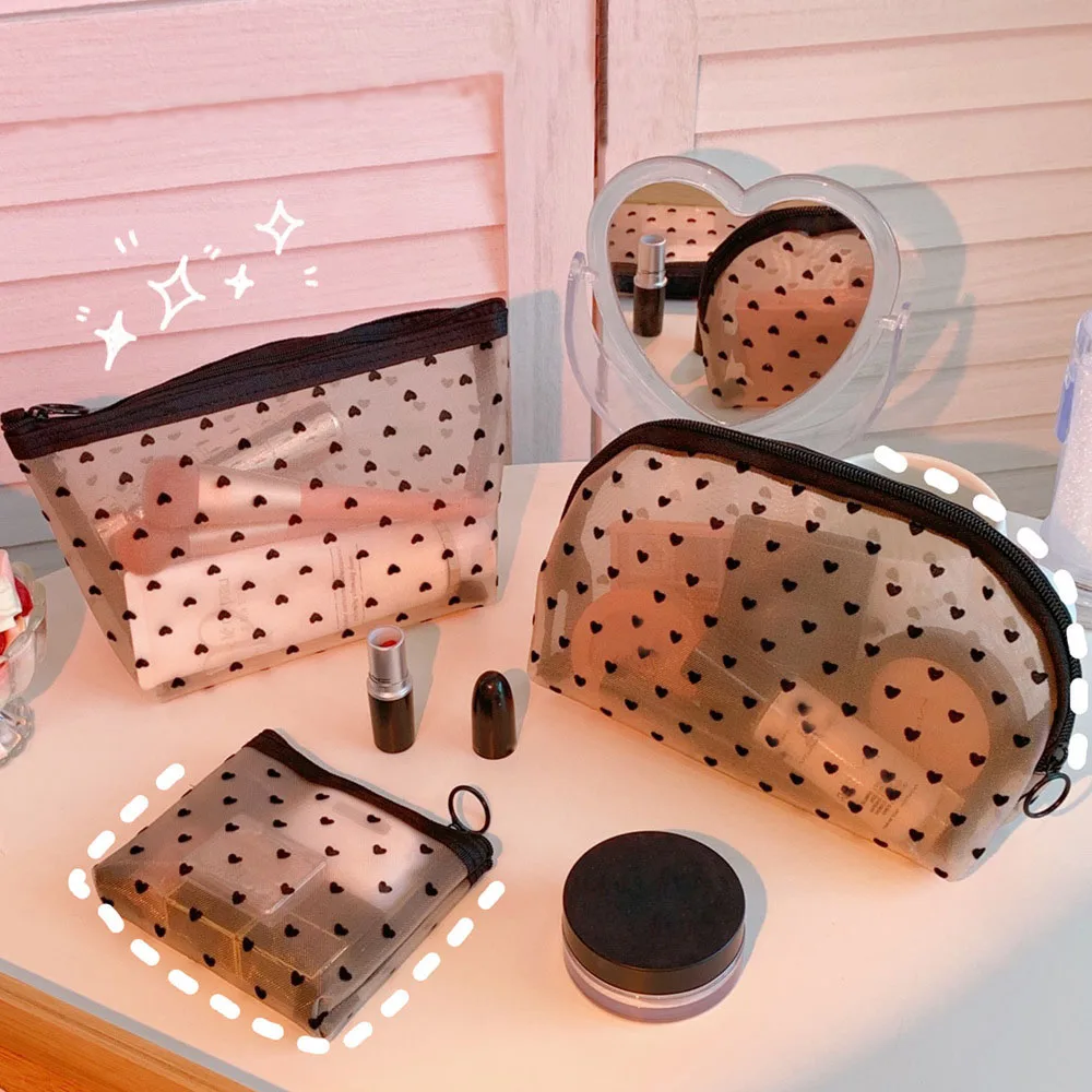 Heart Women Men Necessary Cosmetic Bag Transparent Travel Organizer Fashion Small Large Mesh Toiletry Bags Makeup Pouch