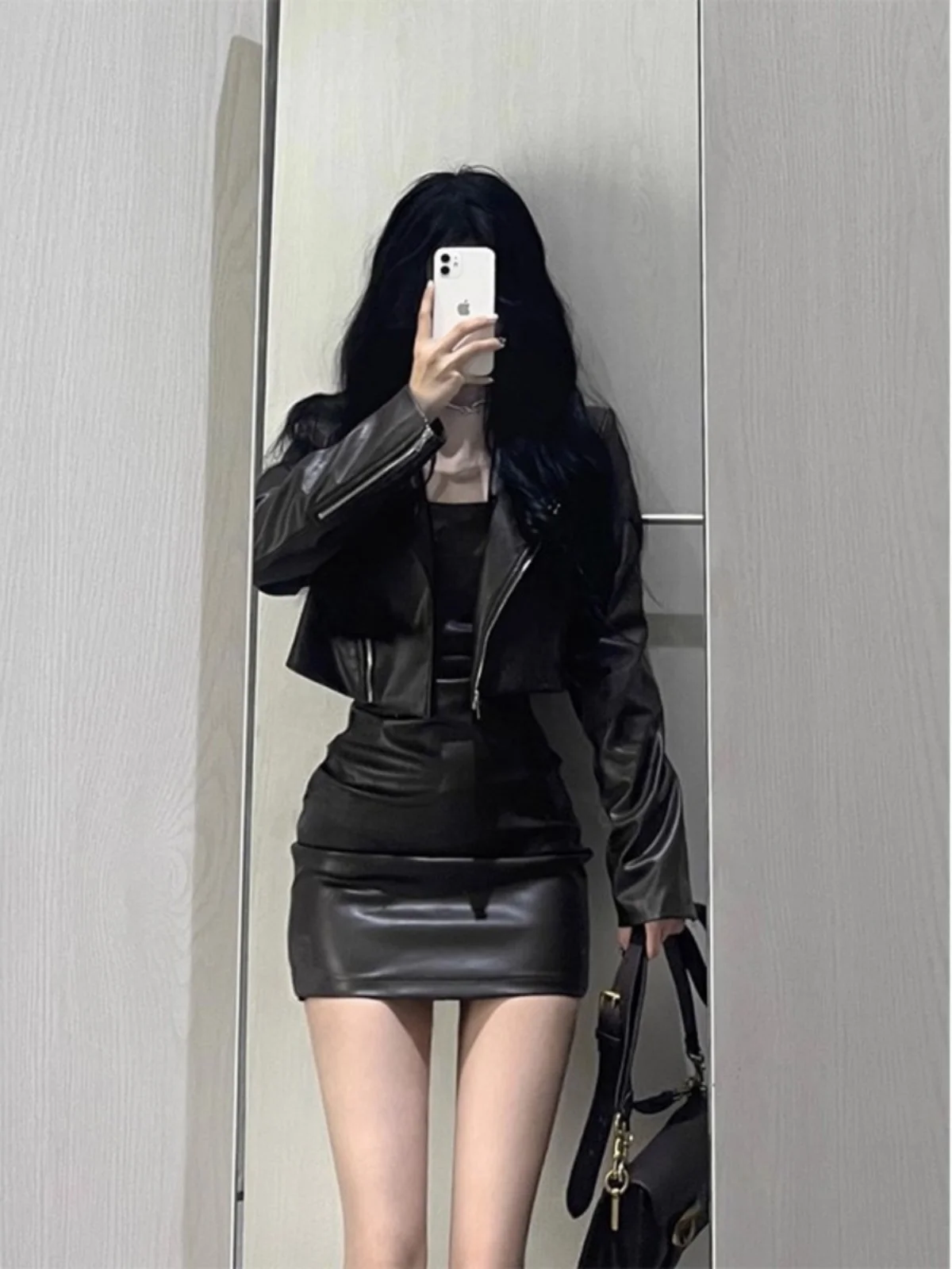 Retro PU Leather Strap Dress Women's Fall Spicy Girl High-End Feeling Small Size Inner Wear Slim Fit Short Skirt