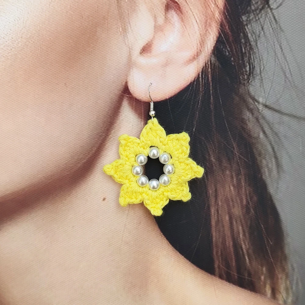 Pearl Sunflower Earrings for Women Crochet Fashion Flower Drop Accessories Boho Girls Party Holiday Jewelry
