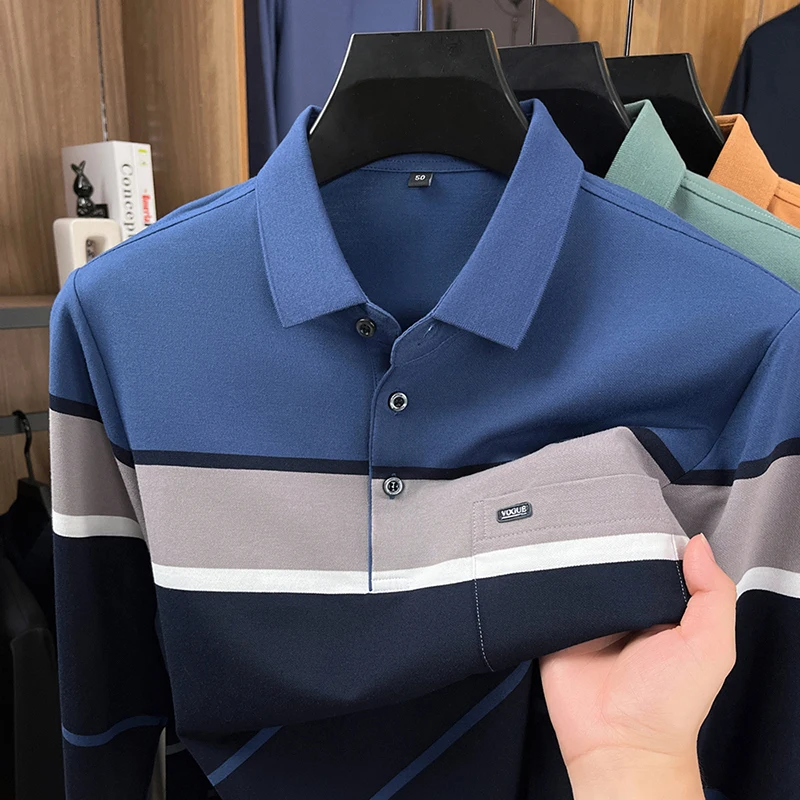 

Men's New Autumn Long-Sleeved T-Shirt Genuine Pocket Polo Shirt with a Stand-Up Collar High-Quality Breathable Casual Men's Wear