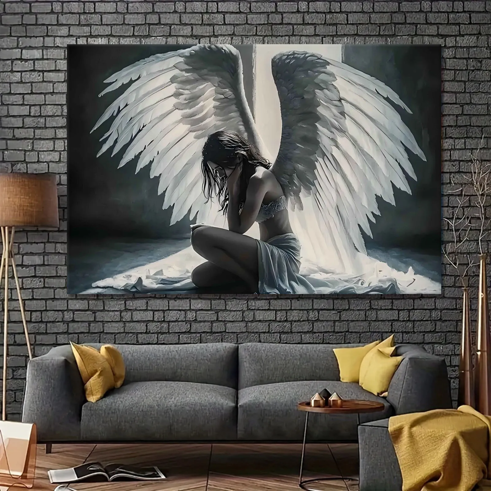 شخصية Serene Angel-Mysterious المجنحة باللون الأحادي اللون - فن قماش عالي الجودة لديكور المنزل، فكرة هدية فريدة من نوعها #1