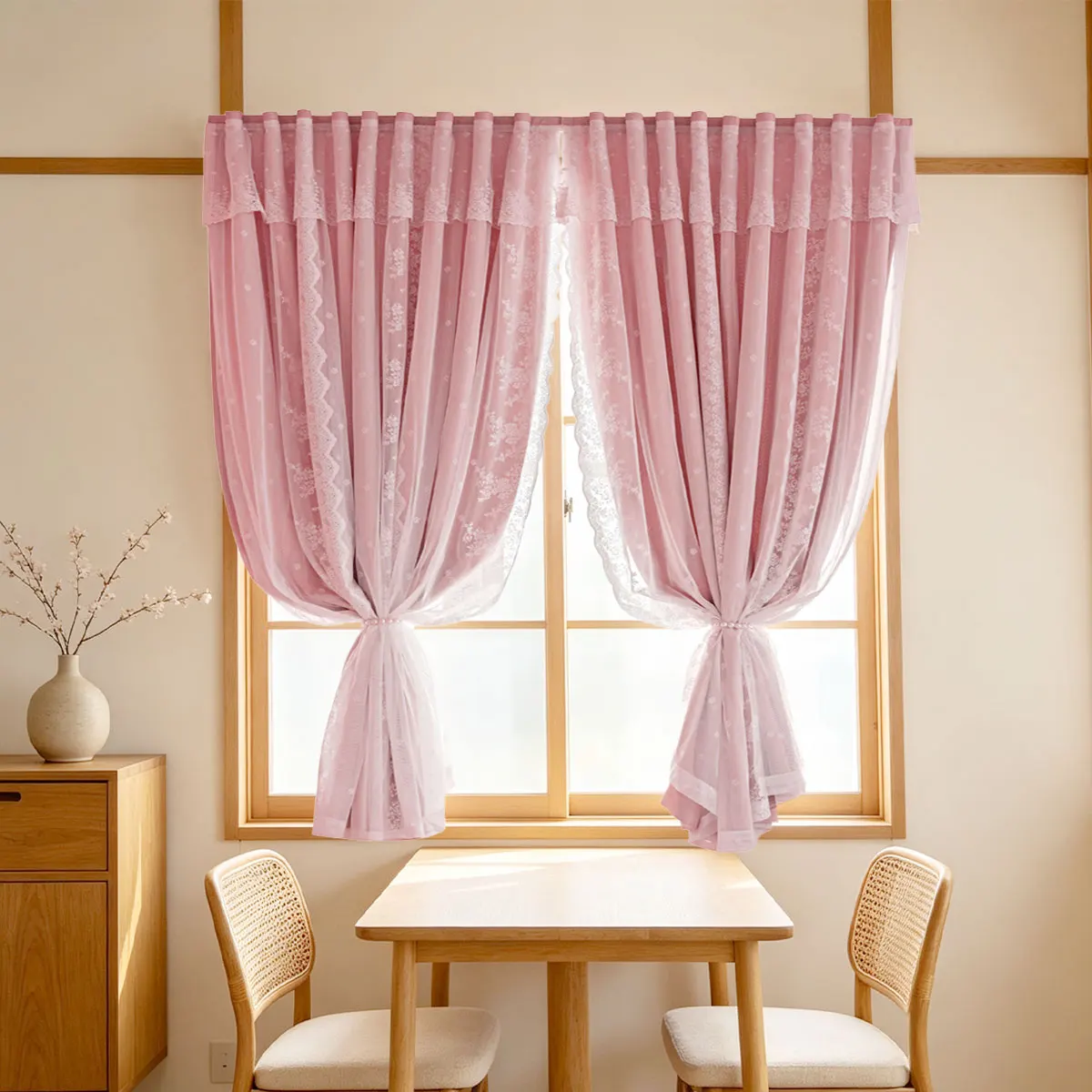 2pcsPink Floral Lace Double Header Curtain, French Country Cream Style, Ruffle Valance Light Filter Curtain for Girl Bedroom D