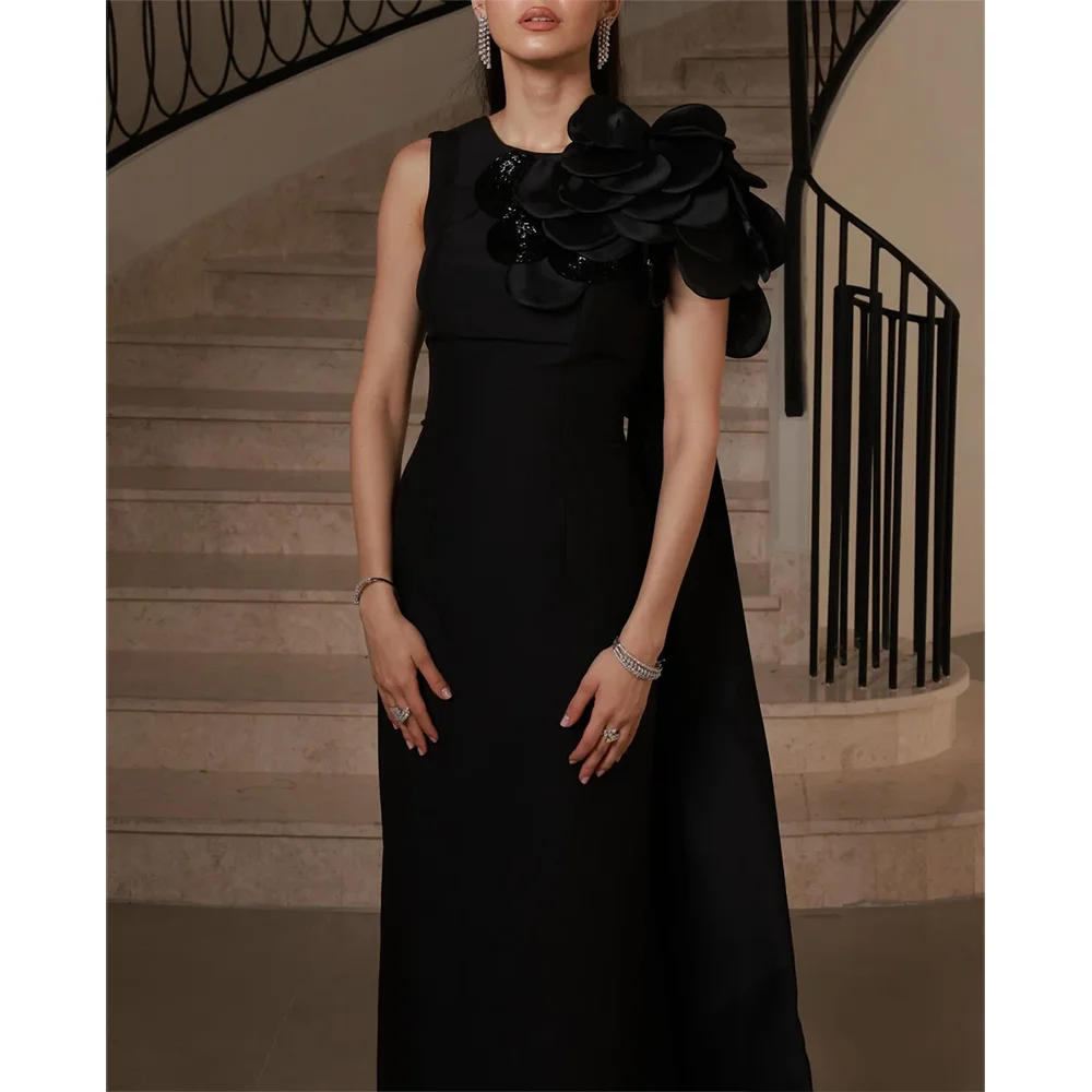 فساتين سهرة سوداء أنيقة على شكل حرف O مطرز بالزهور فساتين سهرة مستقيمة بطول الكاحل فساتين لحضور الحفلات الموسيقية حسب الطلب #3