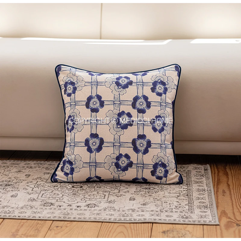 Medicci Home Rhythmic Lattice Floral Motifs Decorative Cushion Cover Navy Indigo Outdoor Indoor Throw Pillow Case For Sofa Couch