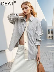 DEAT Fashion Women's Stripe Shirt Lapel Contrast Color Single Breasted Loose Pockets Cotton Blouse Autumn 2024 New Tide 7AB4735