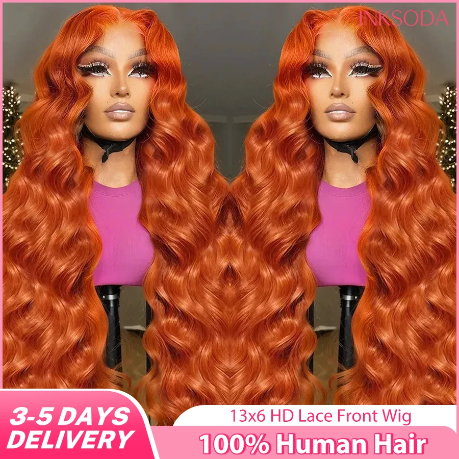 

Оранжевый Рыжий HD 13x6 Парики фронта шнурка Человеческие волосы Объемная волна # 350 Цветной волнистый бразильский прозрачный кружевной фронтальный парик 220%