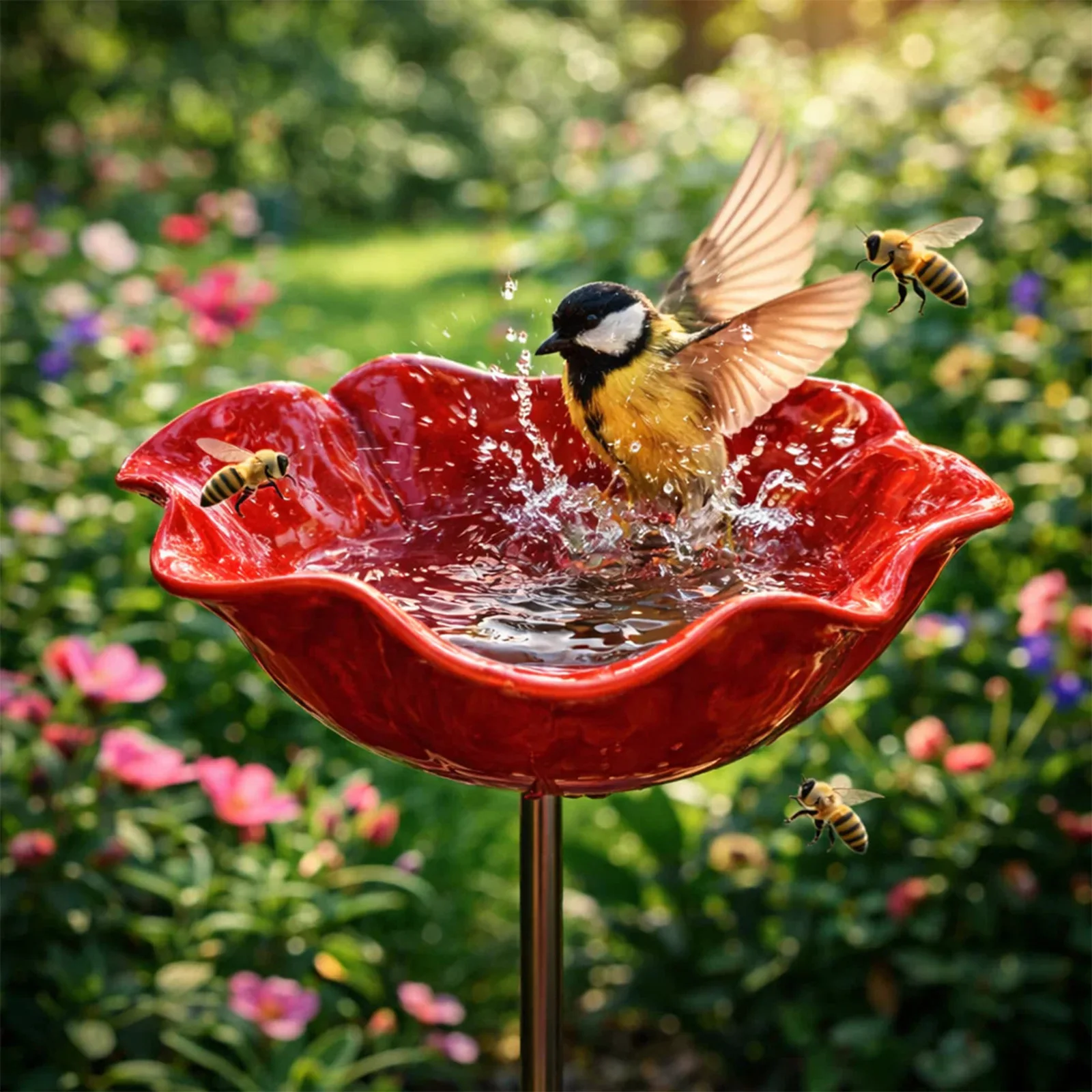 Bee Bath for Garden with Flower Design Butterfly Bee Bath Bowl Decorative Metal Flower Garden Stake for Outdoor Yard Patio Decor