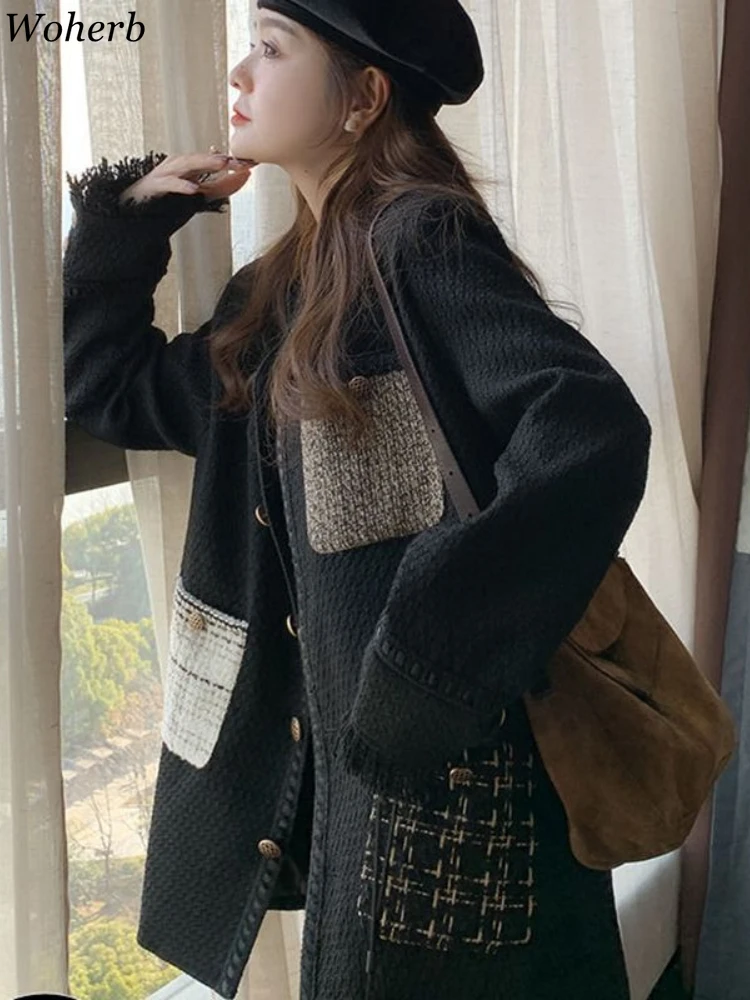 Patchwork Pocket Jackets for Women Temperament Tassels Tops 2025 Ropa Mujer O-neck Black Outwear Vintage Korean Oversized Coats