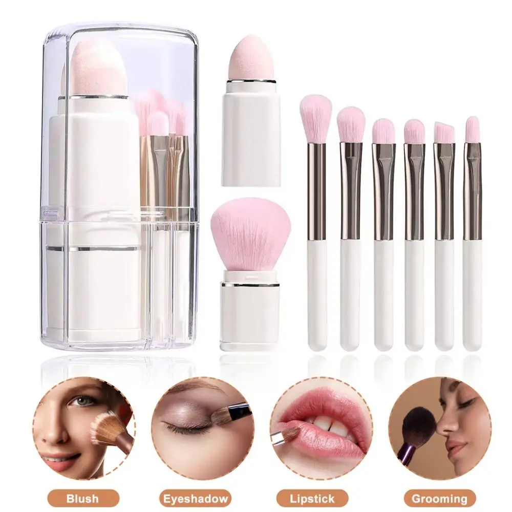 Portable 8 in1 Mini Makeup Brush Set Square Kabuki Blending Cosmetic Brush Highlighter Powder Puff Telescopic Makeup Brush Women