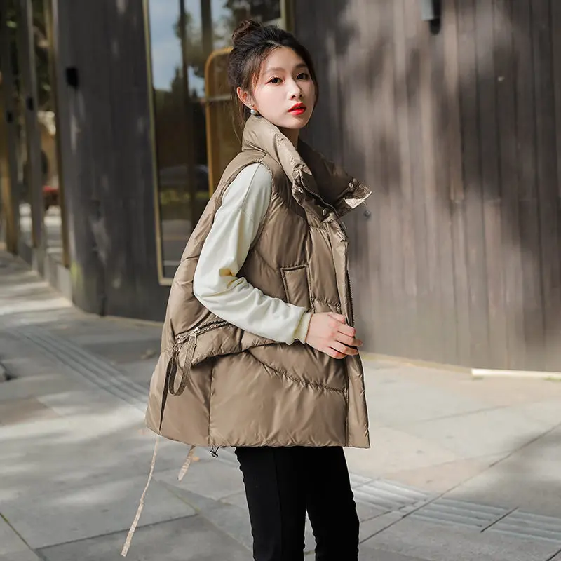 

Winter Vest & Waistcoat Stand Up Collar Wash-Free Korean Casual Large Size Shiny Down Cotton Coat Women's Sleeveless Jacket T39