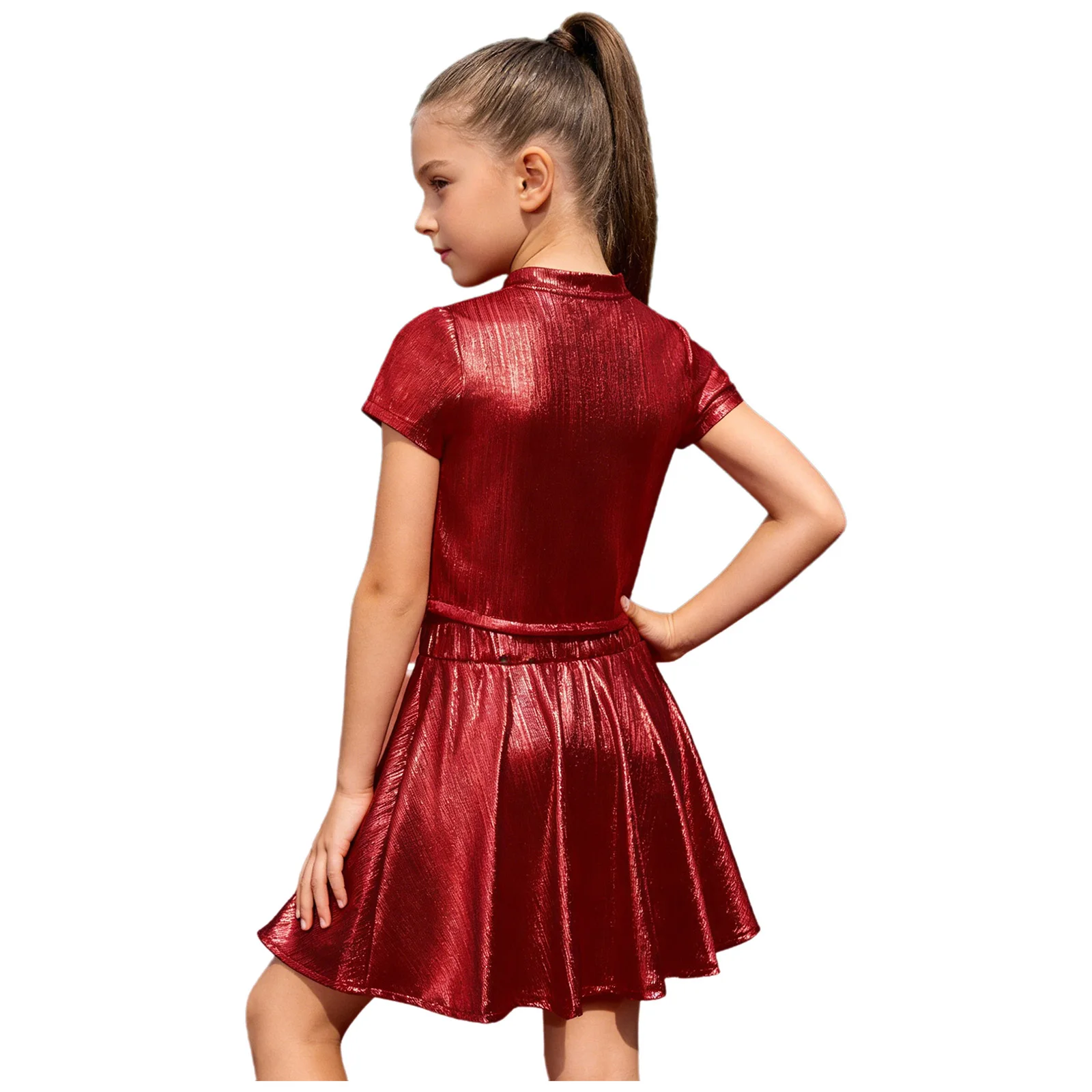Kids Girls Hip Hop Cheerleading Dance Set Metallic Ribbed Short-sleeve T-shirt with Skirt for Rhythmic Modern Stage Performance