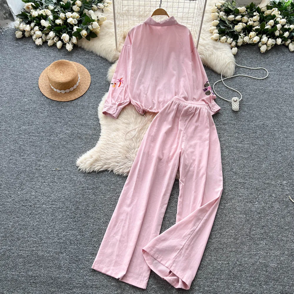 Korean Style Set Women High Quality Two Piece Suits Polo Collar Embroidery Tops Wide Legs Long Pants Autumn Senior Female Sets