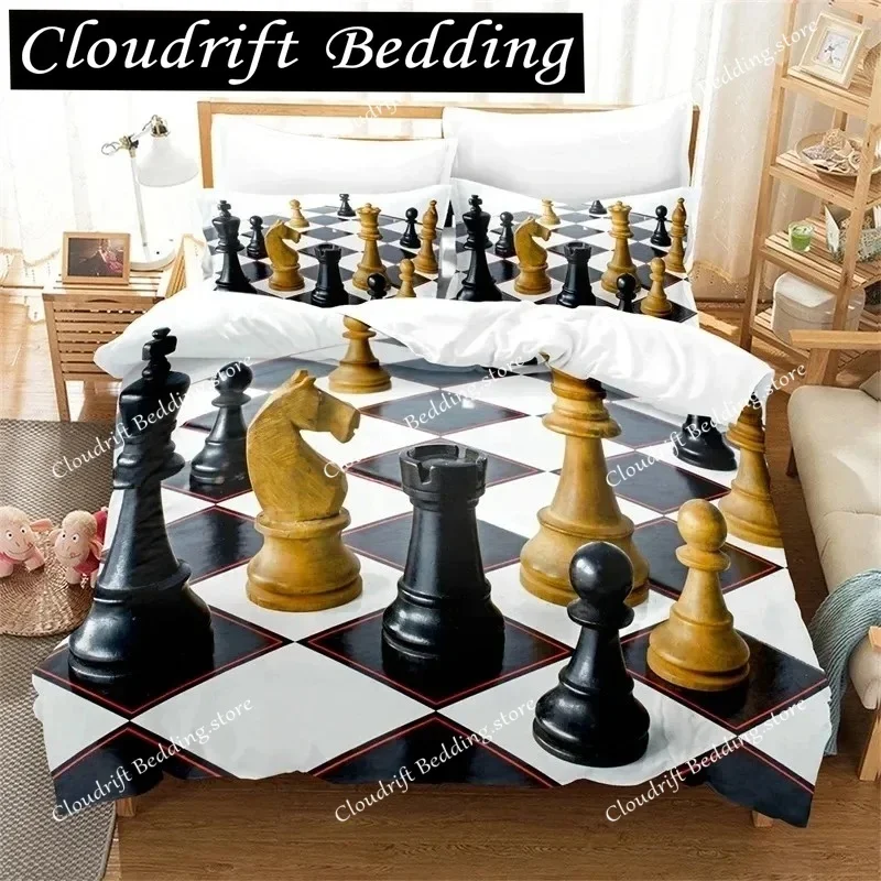 International Chess Duvet Cover Set Black White Lattice Checkerboard Comforter Cover Competition Game For Boys Teens Bedding Set