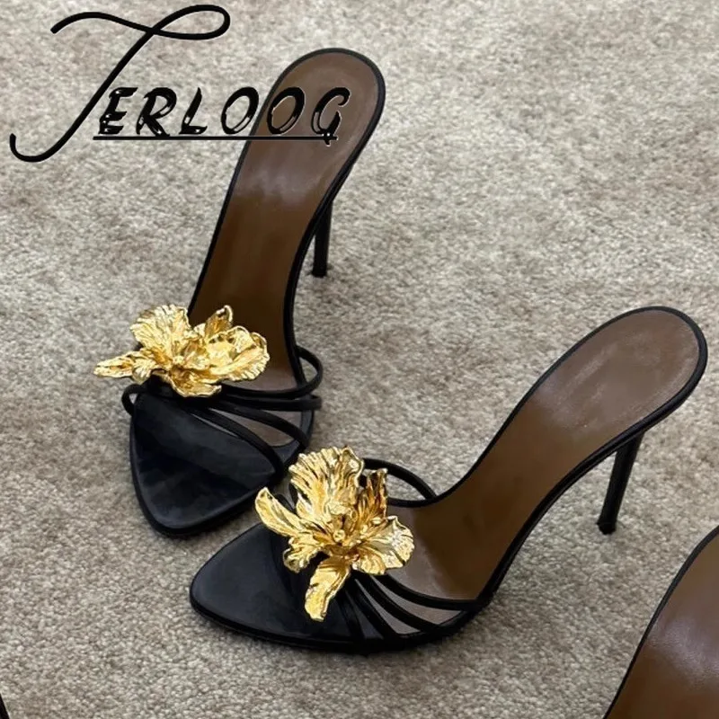 

Luxury High Heels Women Slippers Flower Pointed Toe Sandals Sexy New Woman Summer Shoes 2025 Designer Party Dress Pumps Zapatos
