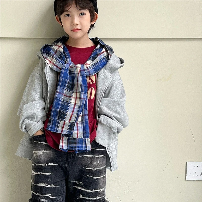 

2025 Autumn Children's New Hooded Solid Color Cotton Splicing Grid Fake Two Piece Warm Jacket