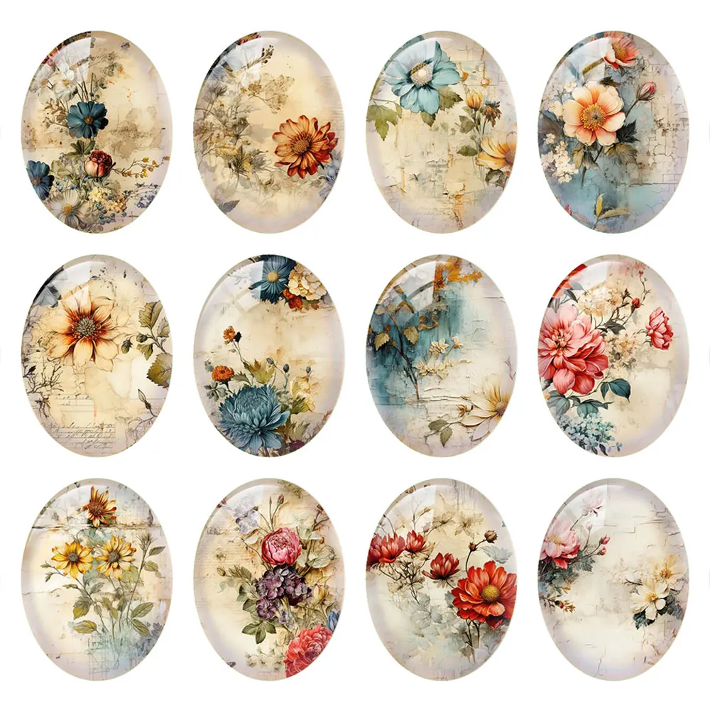 

10pcs/lot Oval Photo Glass Cabochon Retro Flower Flatback Charms Demo Flat Back Cameo For Diy Jewelry Findings Accessories