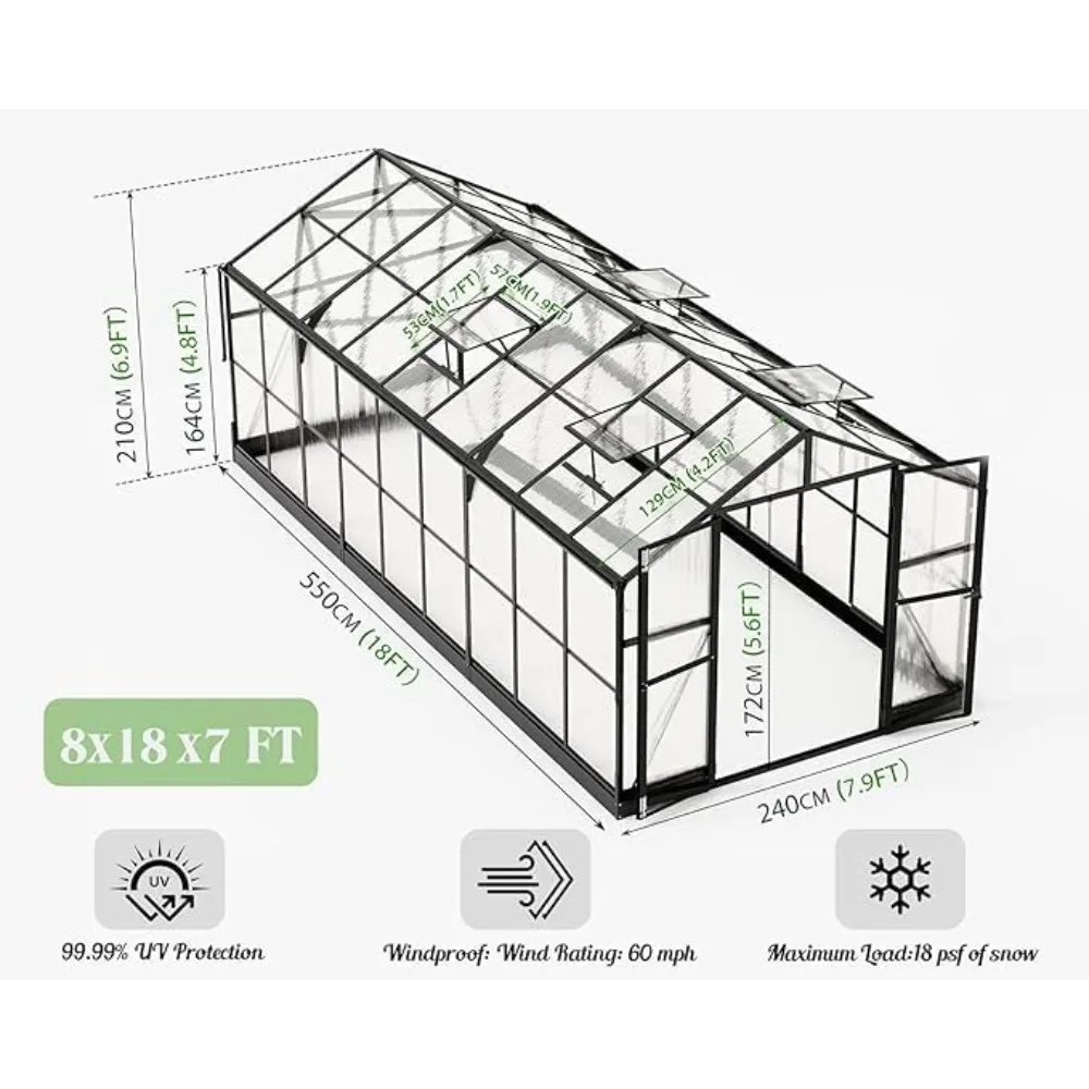 Estufa de 8x18 pés com acessórios de conexão rápida, 2 portas giratórias, estufa de alumínio grande para caminhada ao ar livre no inverno