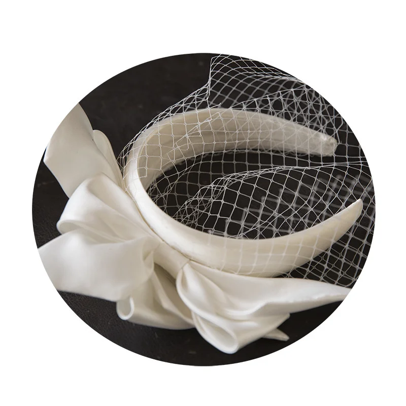 New White bridal hairband Mesh Satin Bow Headband Vintage Fairy Bridal Wedding hair Accessory