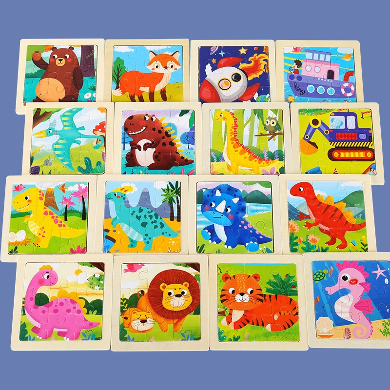 Nieuwe 9 Stuk Montessori Houten Puzzel Cartoon Dinosaurus Transport Puzzel 3d Puzzel Vroeg Leren Educatief Speelgoed Voor Kinderen