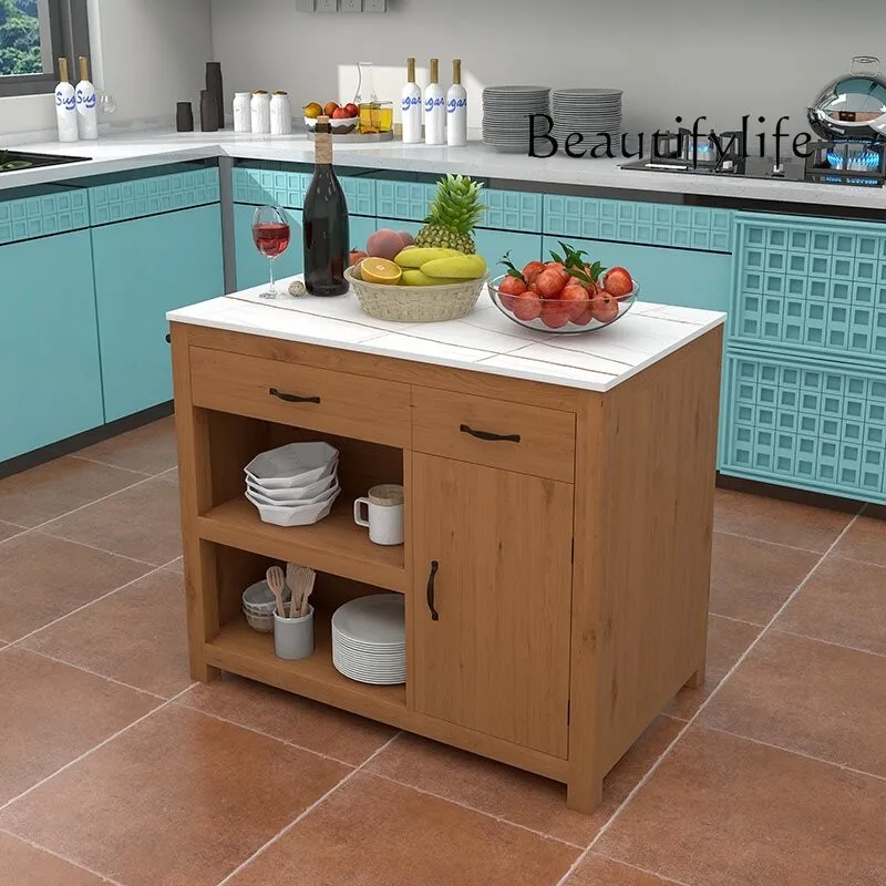 Open kitchen island table solid wood side cabinet household storage meal preparation movable cooking table