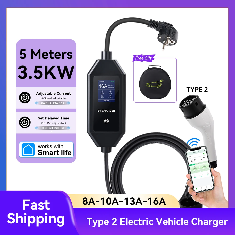 

EV Portable Charger Type2 With APP Control IEC 62196-2 Plug Connector 16A 1Phase 3.5KW EU Plug Charging For Electric Vehicle