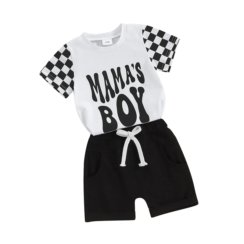 Toddler Boys Summer Outfits Mamas Boy Checkerboard Short Sleeve T-Shirts Tops and Elastic Waist Shorts Clothes Sets