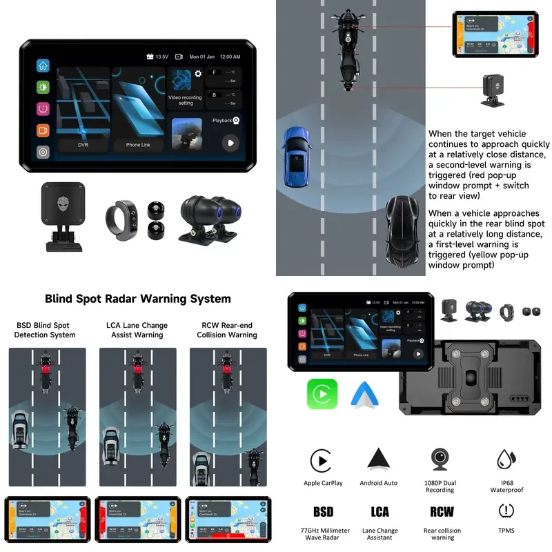 AlienRider M2S Next Gen Motorcycle Media Console with 77G Millimeter Wave Radar for Real Blind Spot Alerts