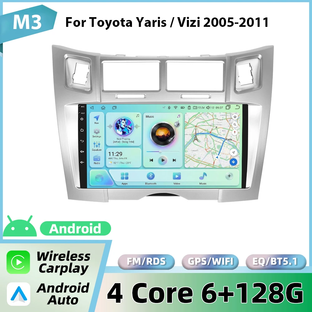 Podofo draadloze CarPlay voor Apple voor Toyota Yaris/Vizi 2005-2011 Android Auto autoradio GPS FM/RDS WiFi BT multimediasysteem