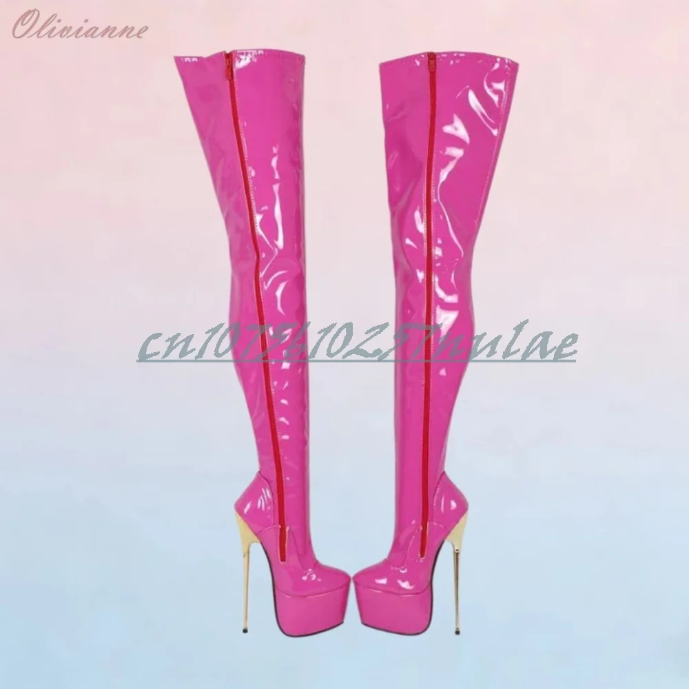 

22CM Metal Stiletto High Heel Over the Knee Boots Platform Rose Red Shiny Leather Fashion Women Shoes 2026 Women Dance Shoes