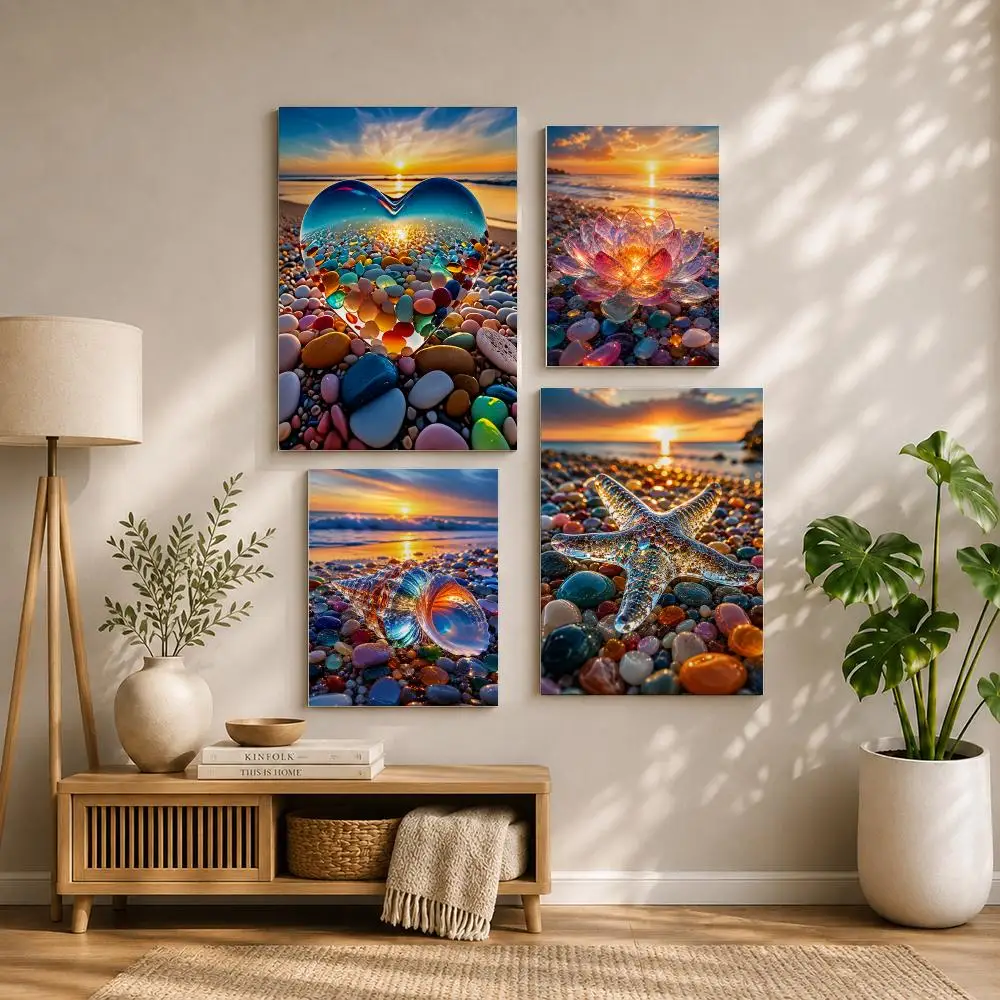 Sunset Beach Colorful Crystal Pebble Poster HD Self Adhesive Waterproof Wall Art Ideal for Home Office Dorm Bedroom Great Gift