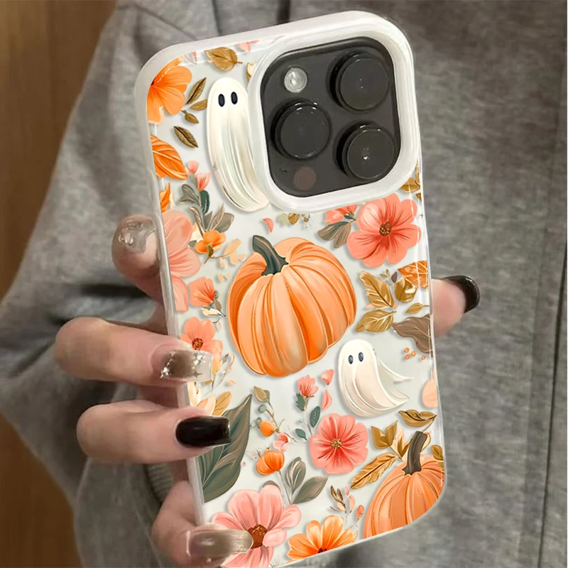 Autumn Fall Cute Ghost Pumpkin Flower Phone Case For iPhone 11 12 13 14 Pro 15 16 17 15 Pro Max 16 Plus Air TPU Shockproof Cover