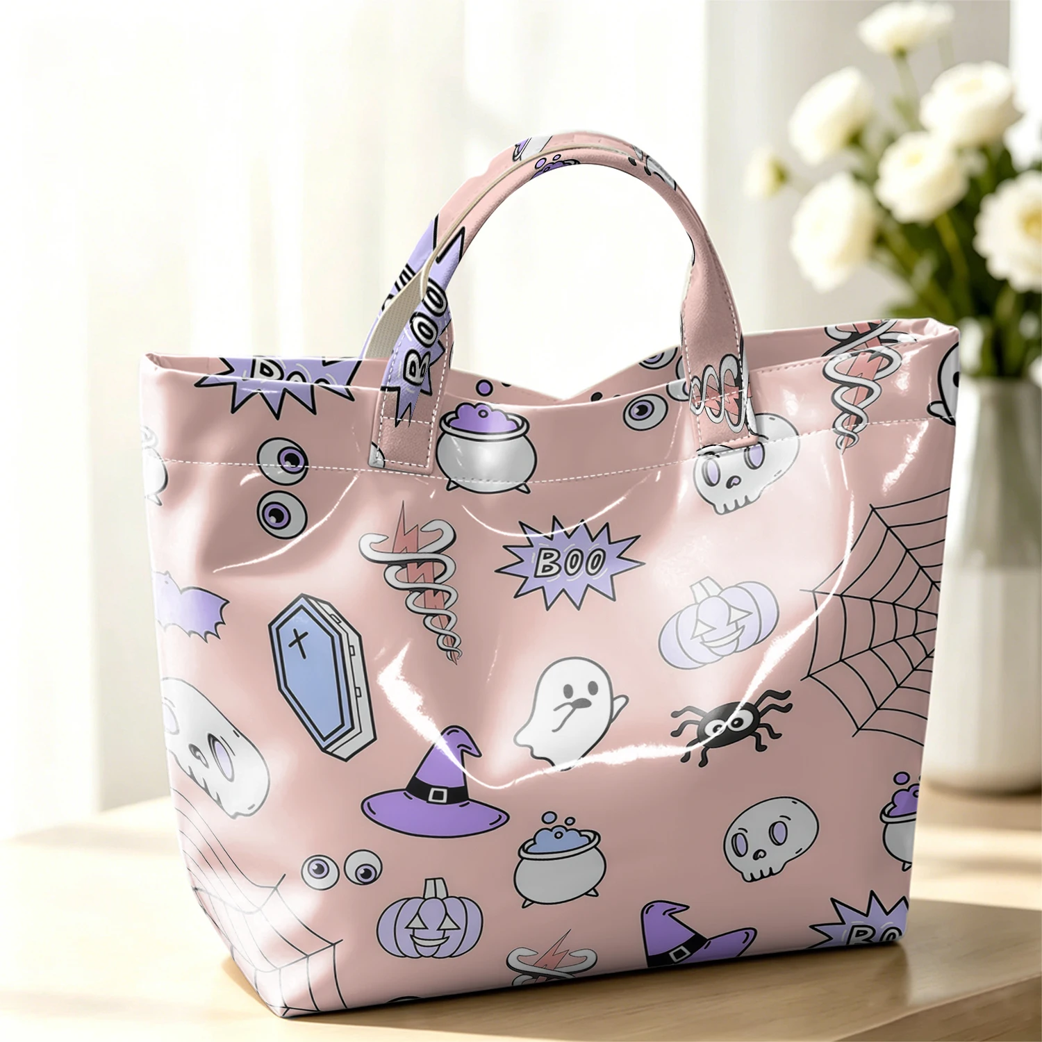 Pastel Halloween Icon Grid Stylish Large Glossy PVC Tote Bag Washable Waterproof Durable for Travel Commute Cosmetics Handbags
