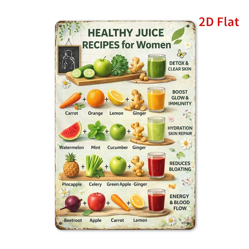 11.81X7.87Inch Iron Sign Healthy Juice Recipes Women Kitchen Wall Decor Home Cook Nutrition Gift
