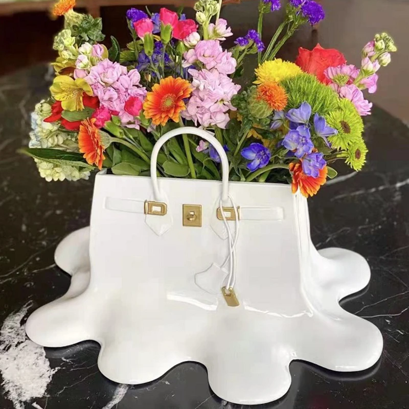 

Women's Bag Model Living Room Desktop Handbag Vase Home Decor Bag Shape Flower Vase Staute Melt Handbag Planter Sculpture