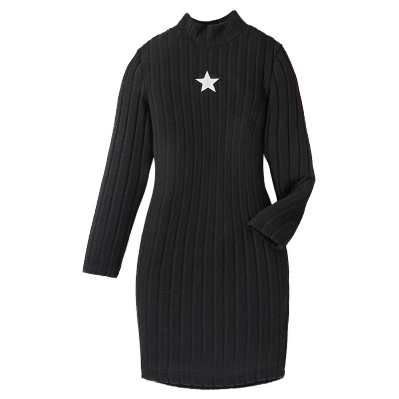 Autumn Winter Kids Casual Dress Fashion Girls Long Sleeve Warm Striped Star Slimming Sweater Lengthened Children Clothing 8-12Y