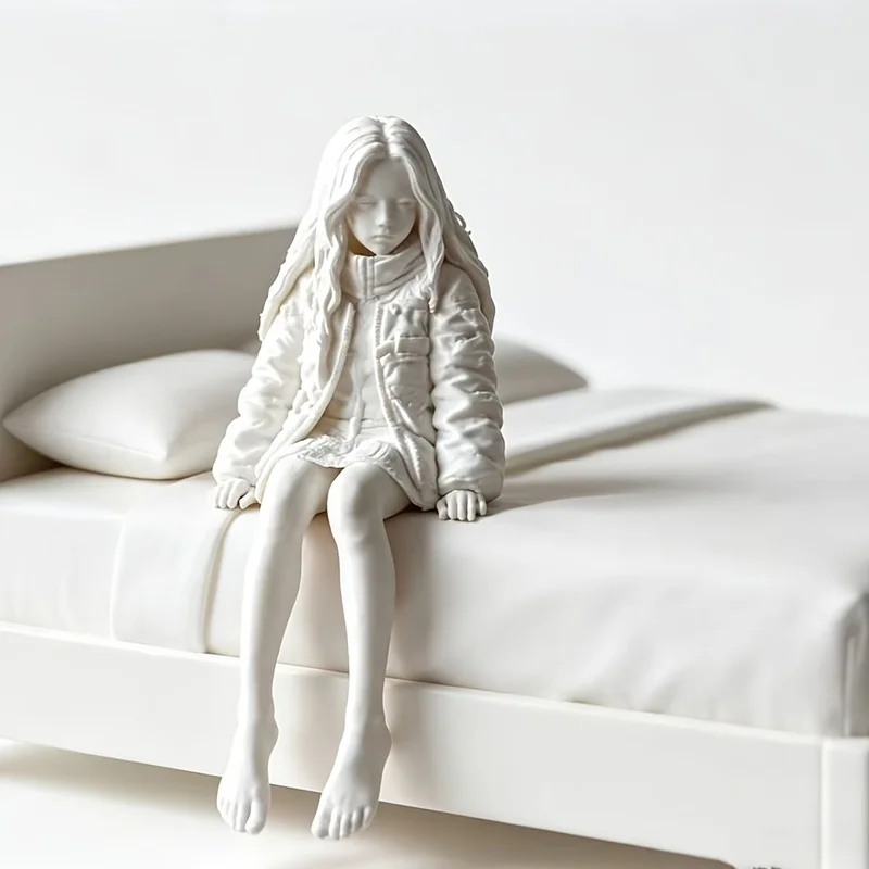 Minimalist Matte White Girl Sitting on Bed Statue, Modern High-End Niche Art Ornament for Home Desktop Decoration