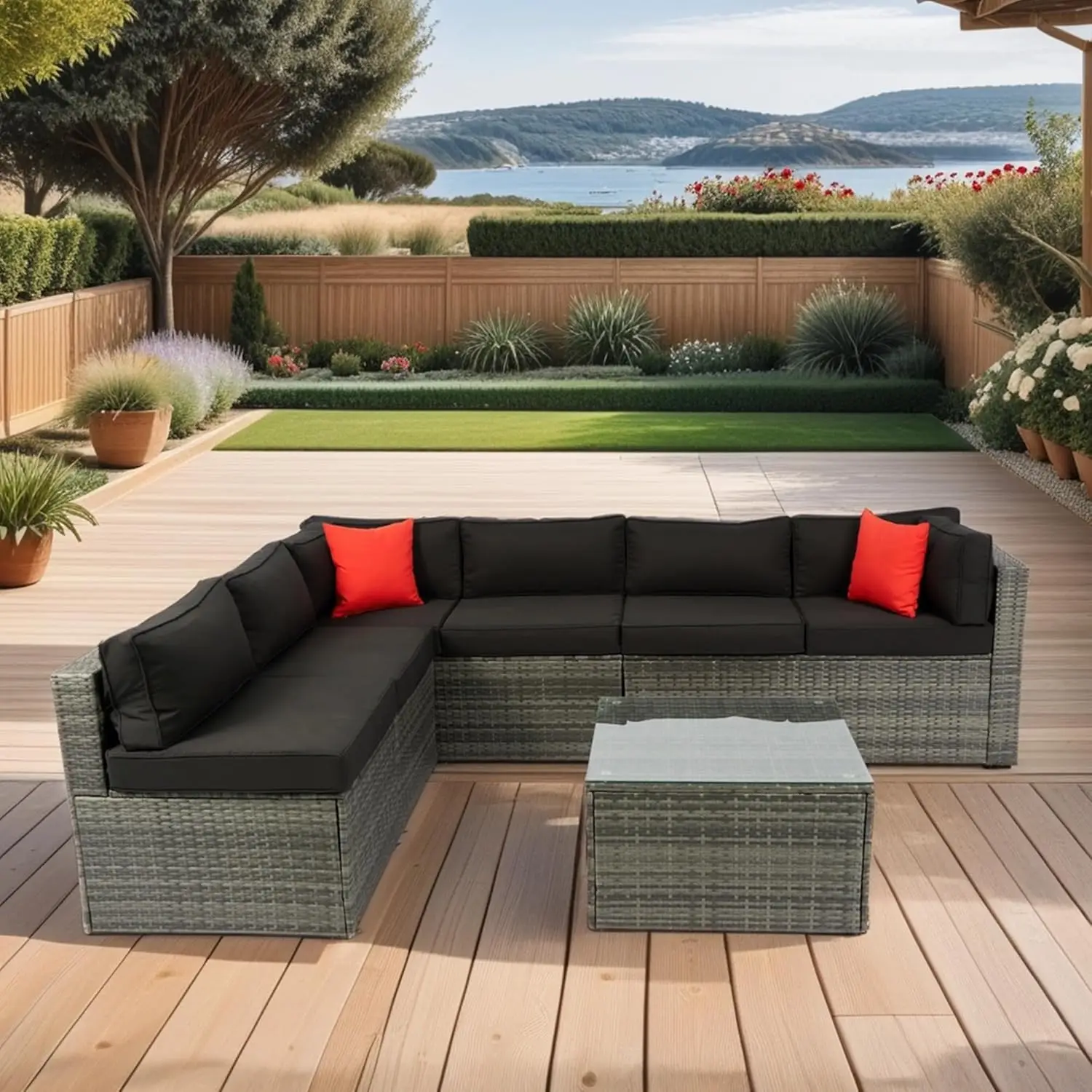 

Patio Furniture Set with Coffee Table and 2 Pillows, PE Rattan Outdoor Conversation Sectional Sofa Seating Goup