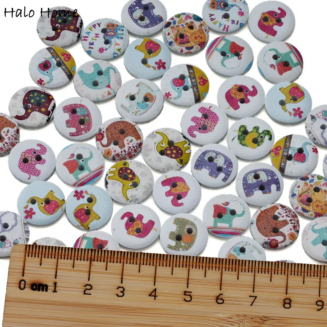 50pcs Cartoon Painted Elephant Theme Round Wooden buttons Sewing Scrapbook Clothing Gifts Crafts Handwork Accessories 15mm