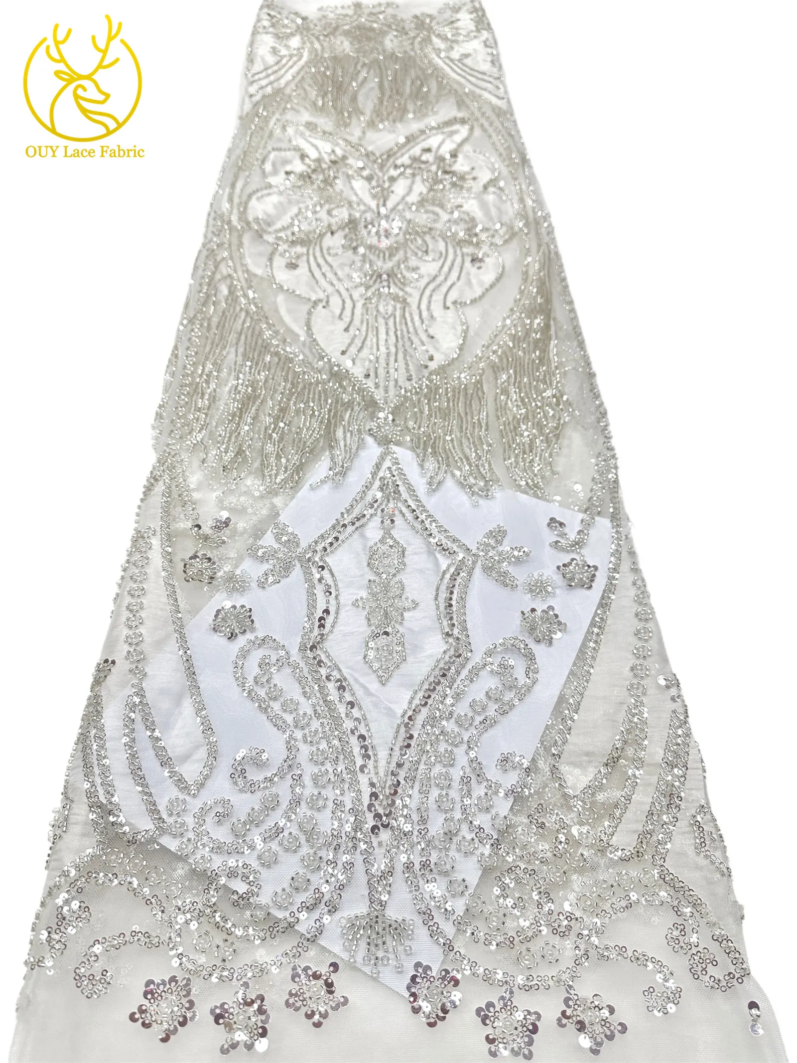 Eleganter Afrikanischer Samt 3D Perlen-Spitzenstoff 5 Yards Französische Pailletten Tüll Stickerei Spitzenstoff Nigerianisches Hochzeitskleid Nähzubehör – Detail 9