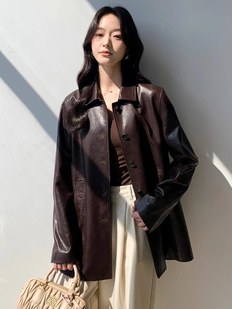 Vintage Genuine Leather Blazer Jackets for Women Spring Autumn 2025 New High-end Simple Loose Soft Oil Wax Real Sheepskin Coat