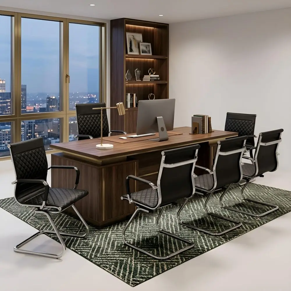 

Office Conference Room Chairs Set of 8Waiting Room Chairs with ArmsReception Chairs with Sled Base, PU Leather Stationary Desk
