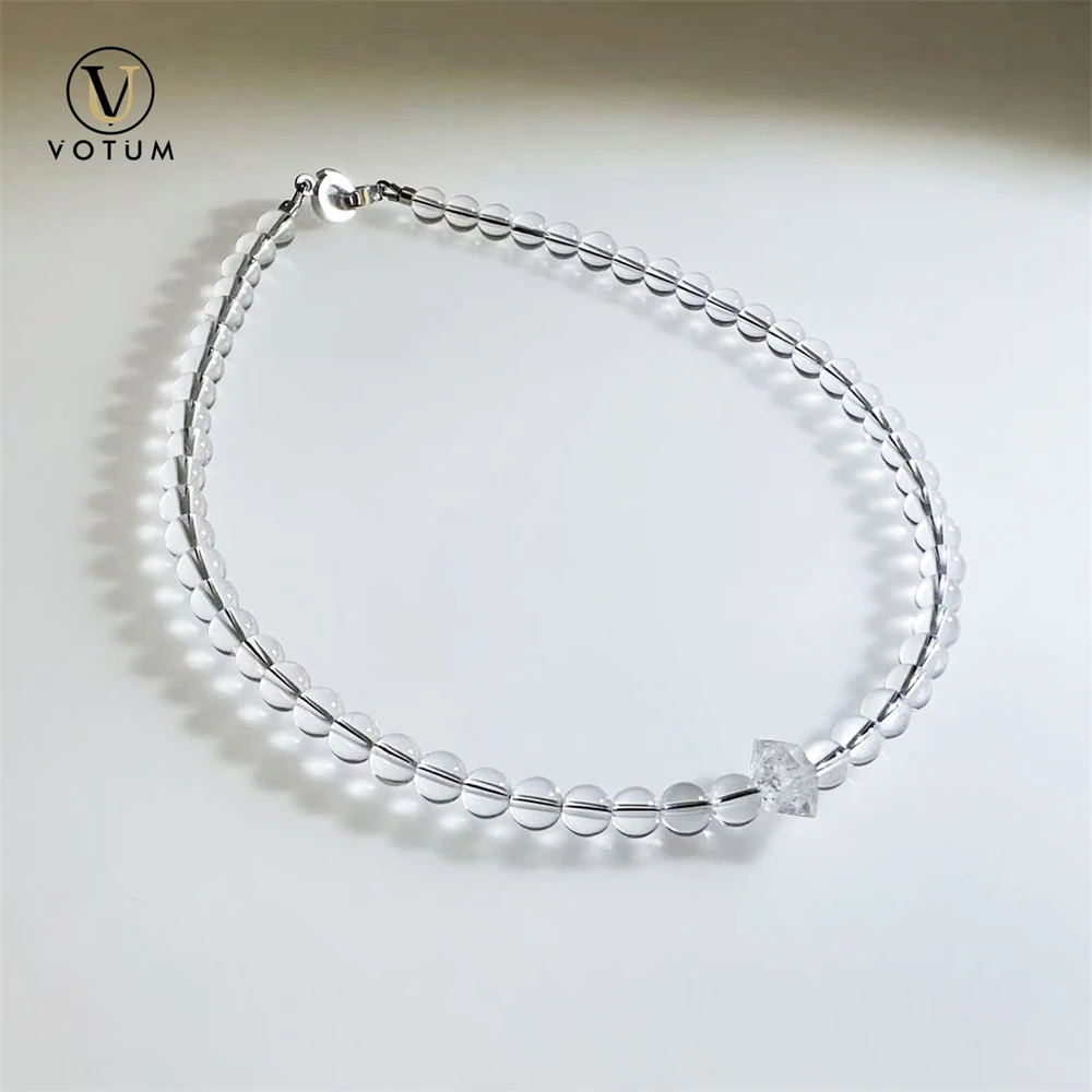 Votum Natural Clear Quartz Herkimer Diamond Beaded Choker Necklace for Unisex White Crystal Chakra Healing Beads Stone Jewelry
