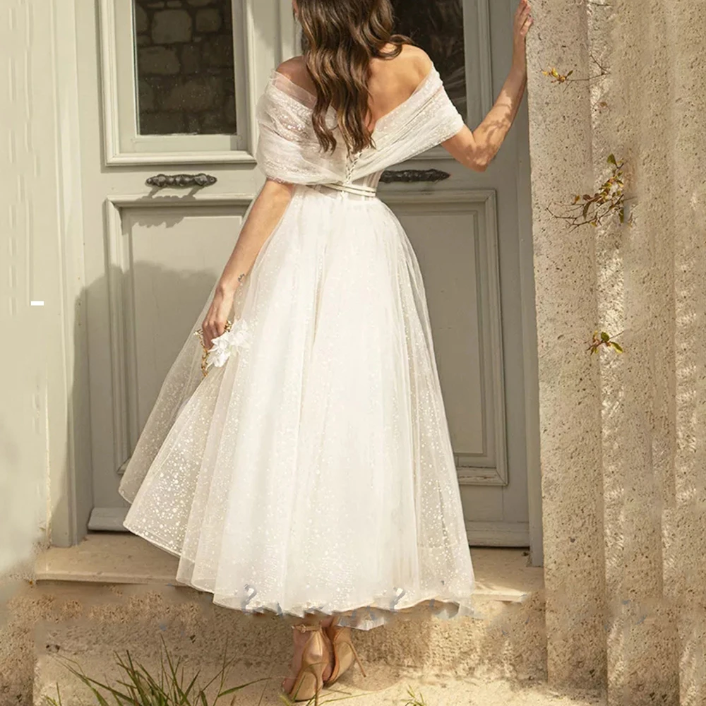 A-Line Cold Shoulder Backless Elegant Mid-Calf Wedding Dresses For Bridesmaid Party Banquet Vacation