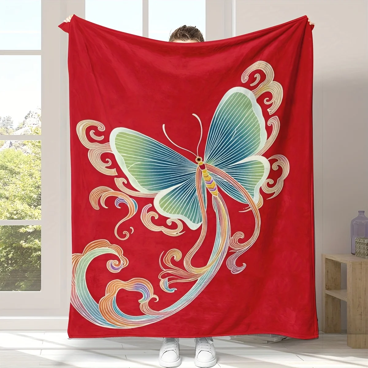 Vibrant Red Butterfly Print Flannel Throw Blanket - Soft Hypoallergenic All-Season Sofa & Bed Cover, Blue & Green Geometric