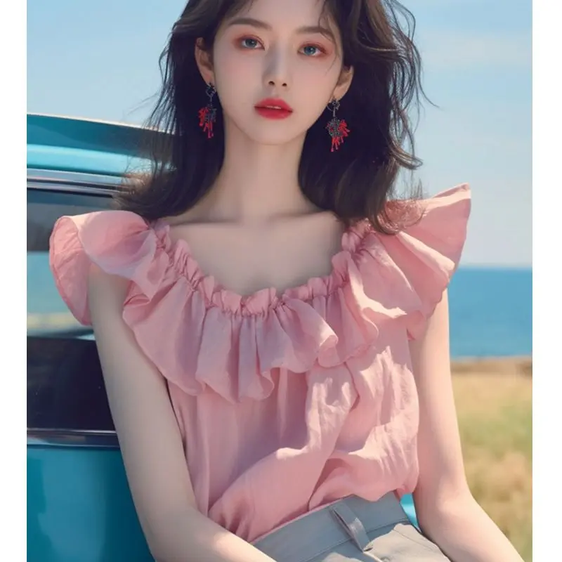 

Pink Ruffled Sleeveless Blouse With Flying Sleeves Sweet Style Summer Casual Women Top