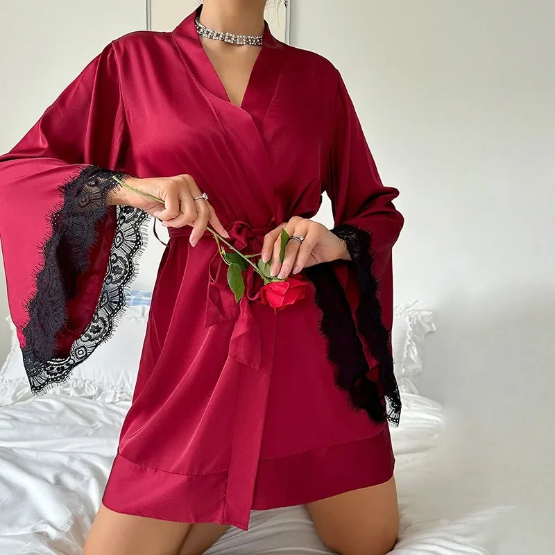 

Women's Sexy Night Gown Robe V-Neck Satin Lace Bathrobe Half Sleeve Nightdress Female French Sexy Silky Satin Sleepwear