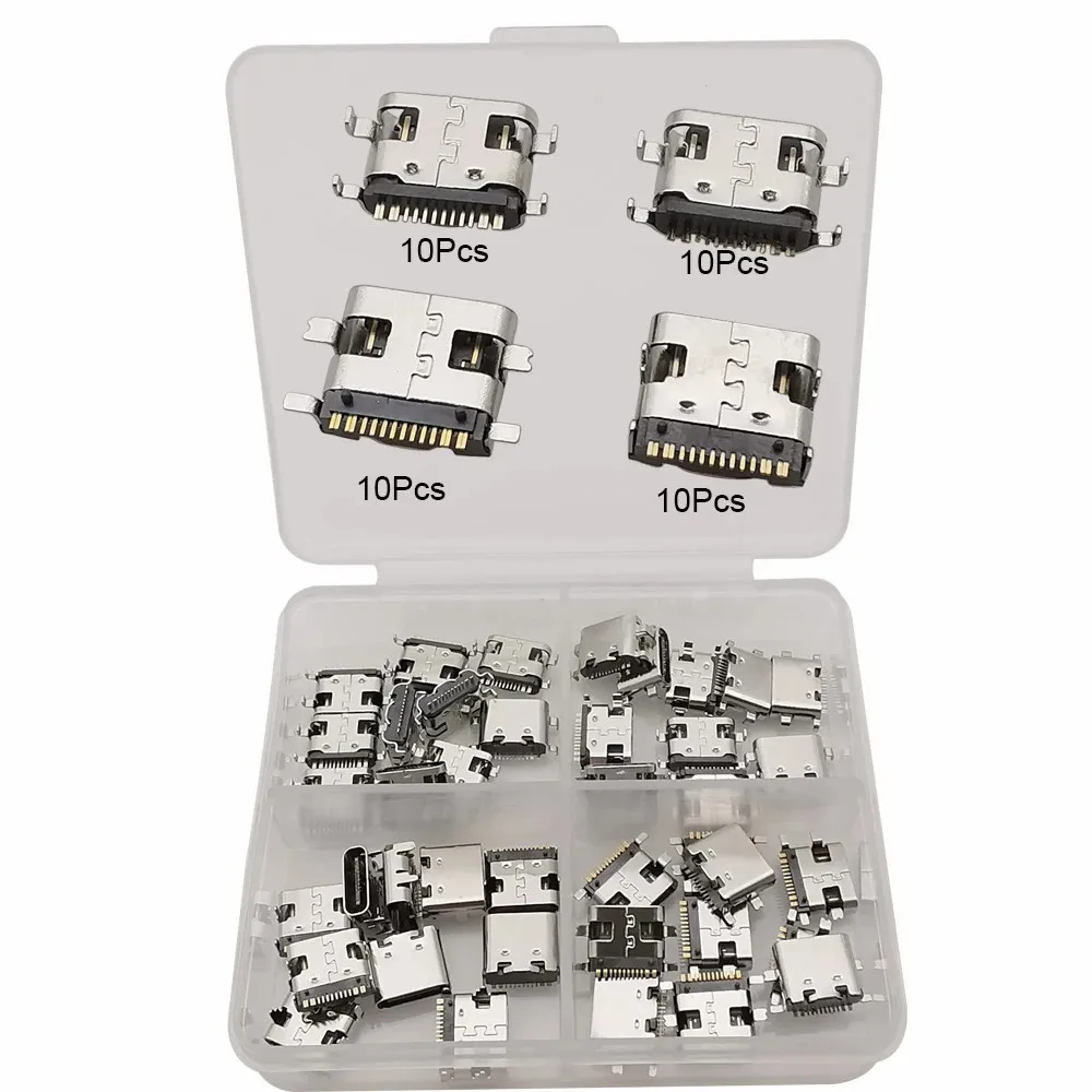 40 Stücke 4 Modelle Micro USB 5Pin/Typ C 6Pin 16Pin Weibliche Jack Stecker SMD DIP Buchse Telefon lade Port DIY Reparatur Adapter – Detail 3