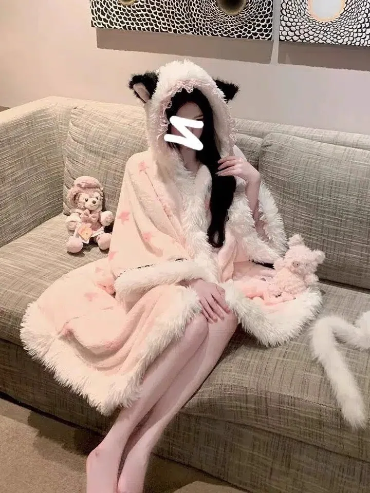 Heavyweight Star Print  Hooded Robe Thickened Sleepwear Cape Soft Long Sleeve round Neck Home Clothes for Young Adults