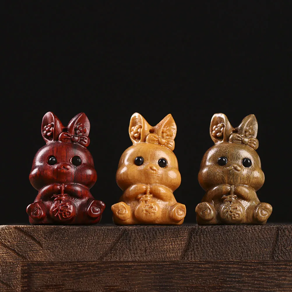 

2 Pcs S Rabbit Statue Wooden Bunny Decor Retro Carving DIY Craft Gift Sewing Accessories H made Project